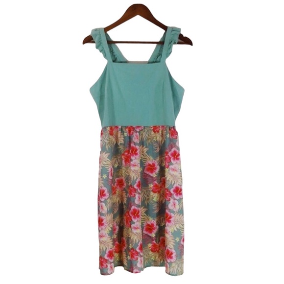NWT PatPat Midi  Turquoise Hawaiian Floral Flutter Sleeve Tank Dress Size L - Picture 2 of 8